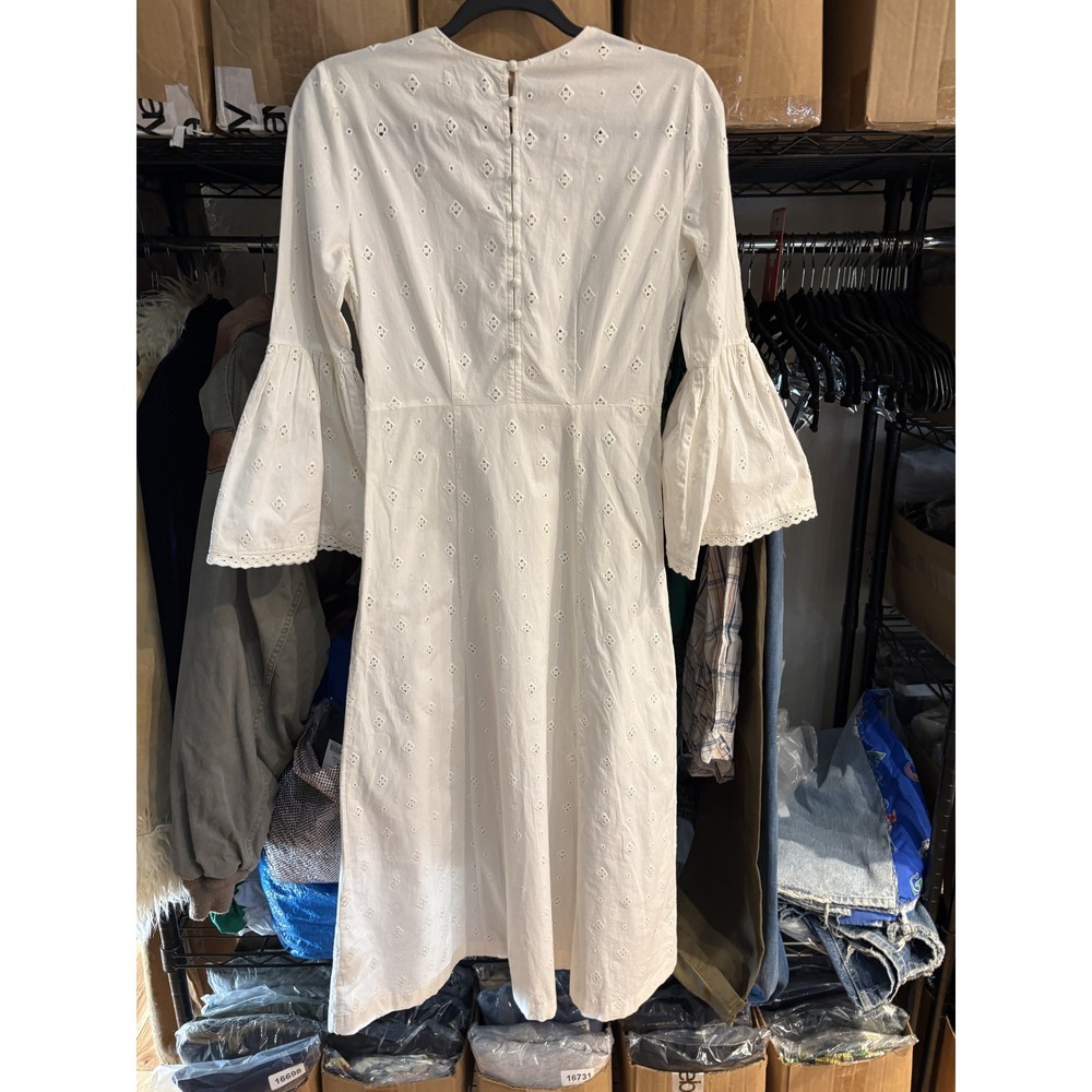 Doen Dress Womens XS White Eyelet Embroidered Cotton Bell Sleeve Midi Boho India - Picture 4 of 11